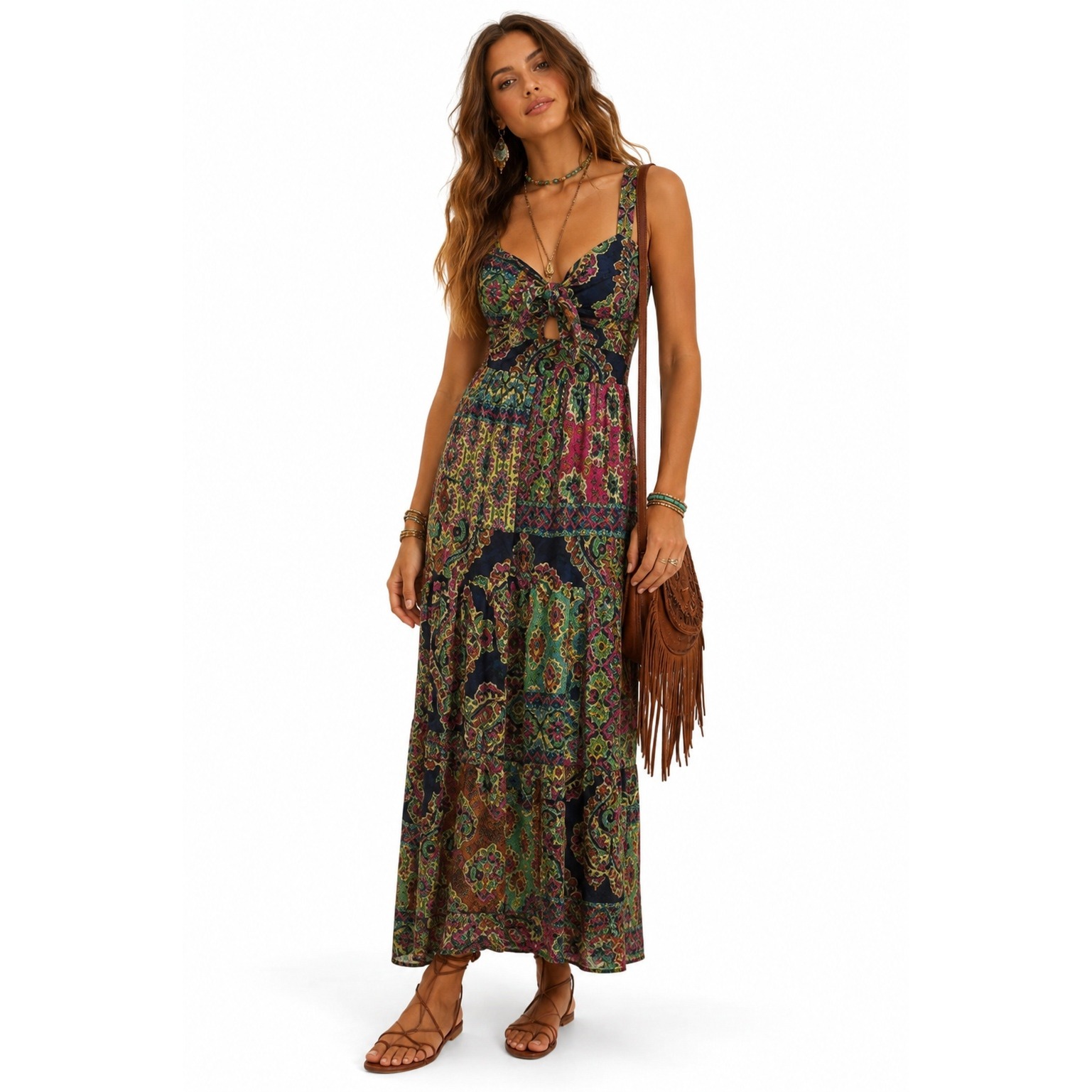 Robbie Bee Patchwork Maxi Dress Paisley Tiered Smocked Babydoll Boho Sz 6